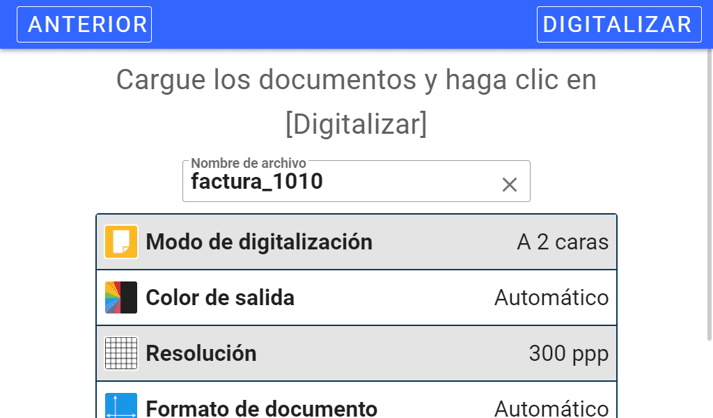 Pantalla de configuración de Open Bee carga y escanea documentos