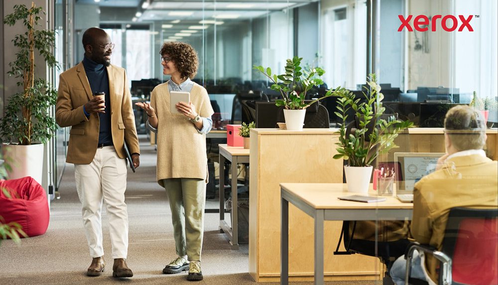 Dos profesionales caminando y hablando en una oficina moderna Dos profesionales caminando y hablando en una oficina moderna