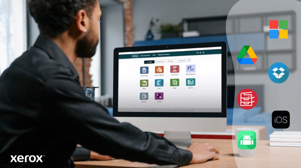 Plataforma Xerox® Workflow Central: amplia compatibilidad de plataformas Una persona está sentada en un escritorio mirando la pantalla de una computadora que muestra la interfaz de Xerox Workflow Central. A la derecha, los iconos de Microsoft, Google Drive, Dropbox, un archivador, iOS y Android ilustran la amplia compatibilidad.